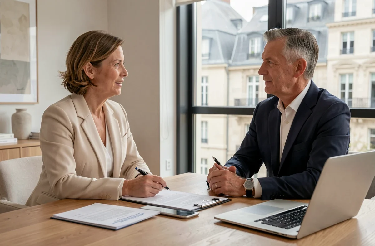 Courtière Verlingue Toulouse en réunion professionnelle avec un client dans un bureau élégant avec vue sur la ville