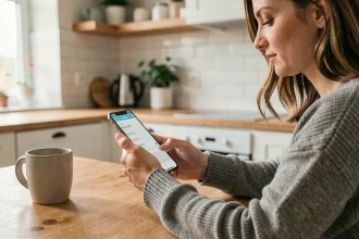 Femme effectuant un virement bancaire en ligne le samedi matin depuis son smartphone dans une cuisine moderne