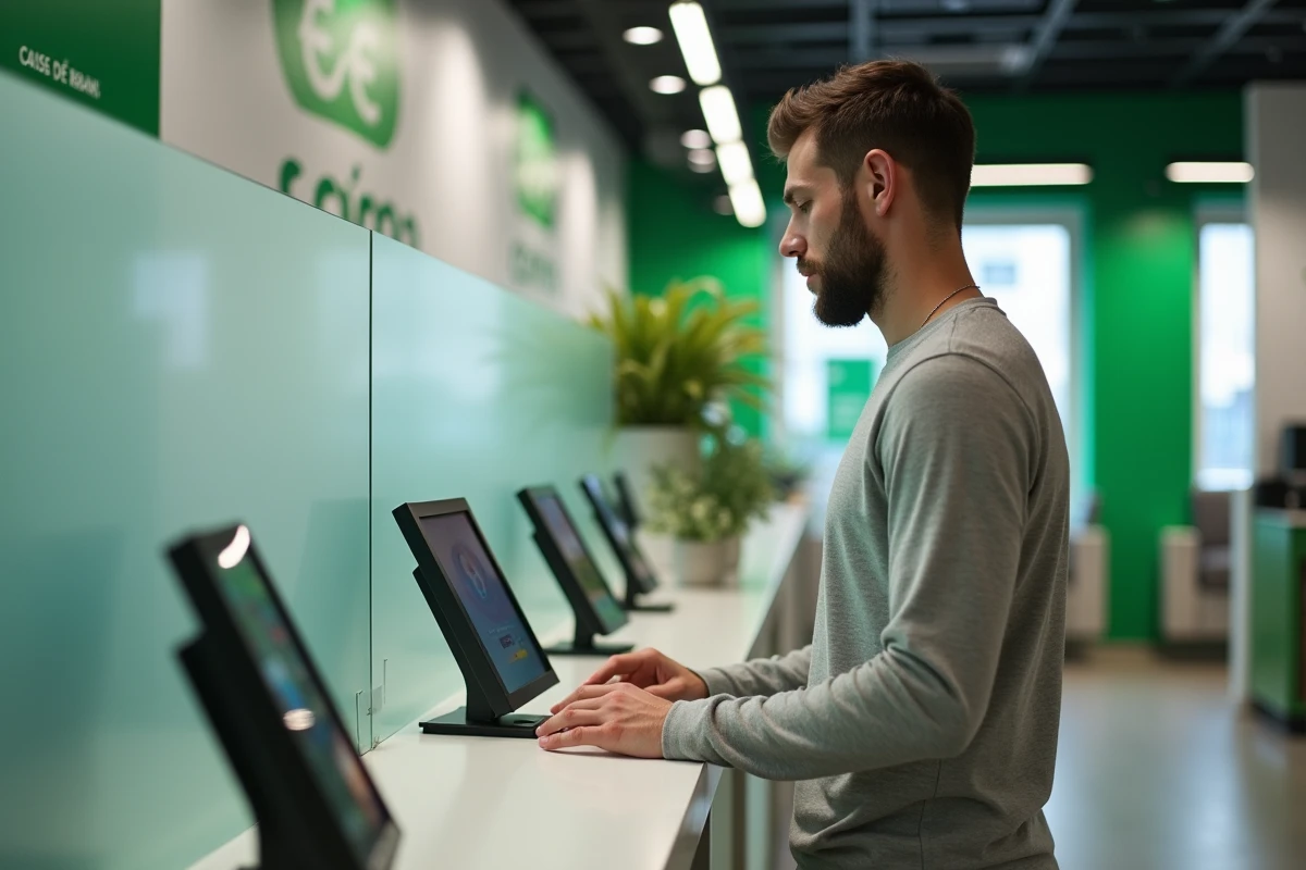 Client masculin réalisant un virement instantané sur une borne interactive en agence Caisse d'Épargne