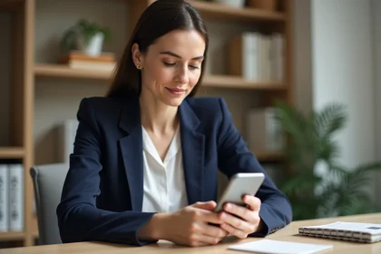 Femme effectuant un virement instantané Caisse d'Épargne sur son smartphone depuis son bureau à domicile