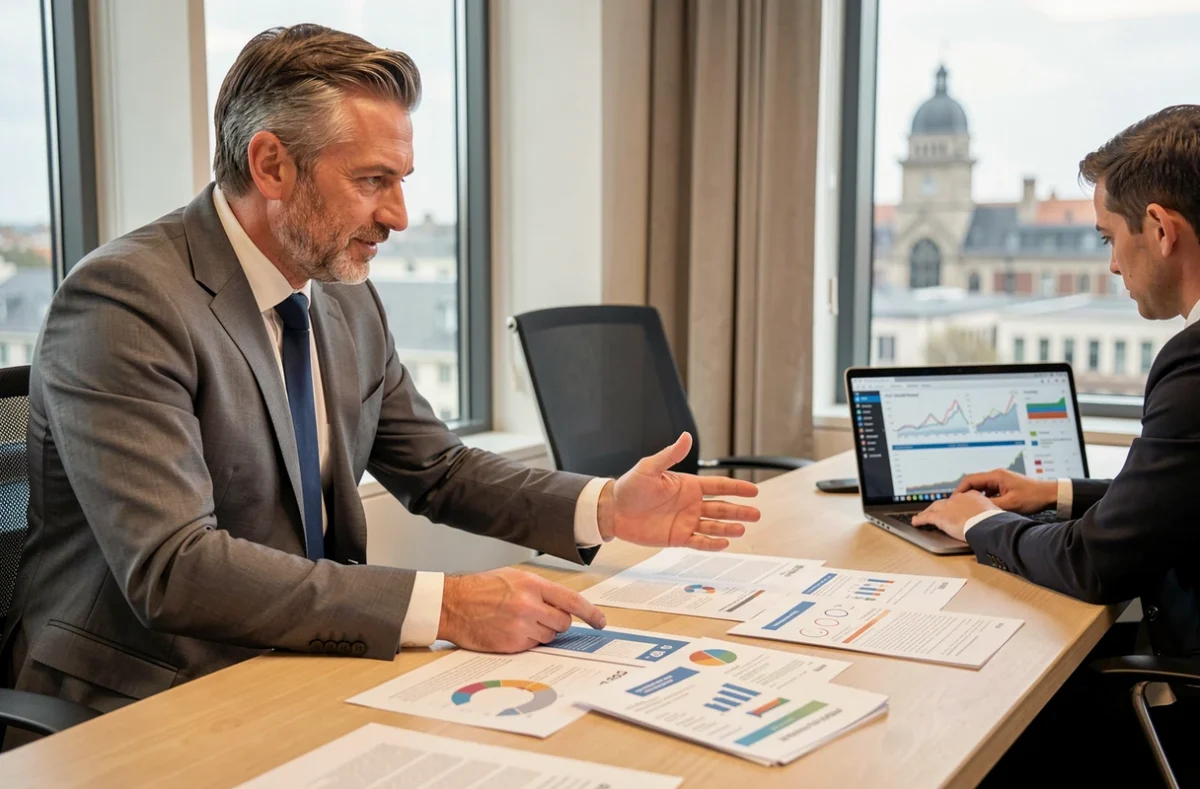 Courtier Vousfinancer Toulouse présentant des comparatifs d'assurance et de financement à un client
