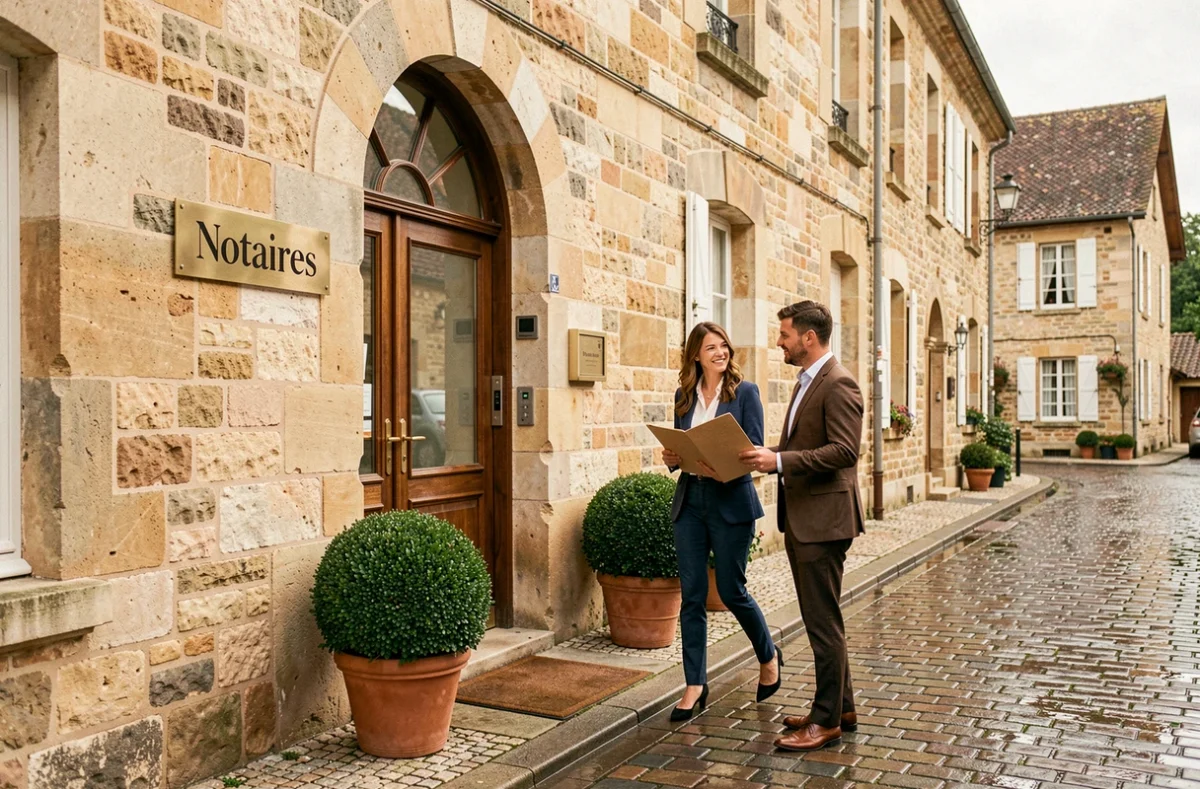 Façade d'un office notarial en pierre calcaire dans une ville bourguignonne avec plaque en laiton et couple entrant